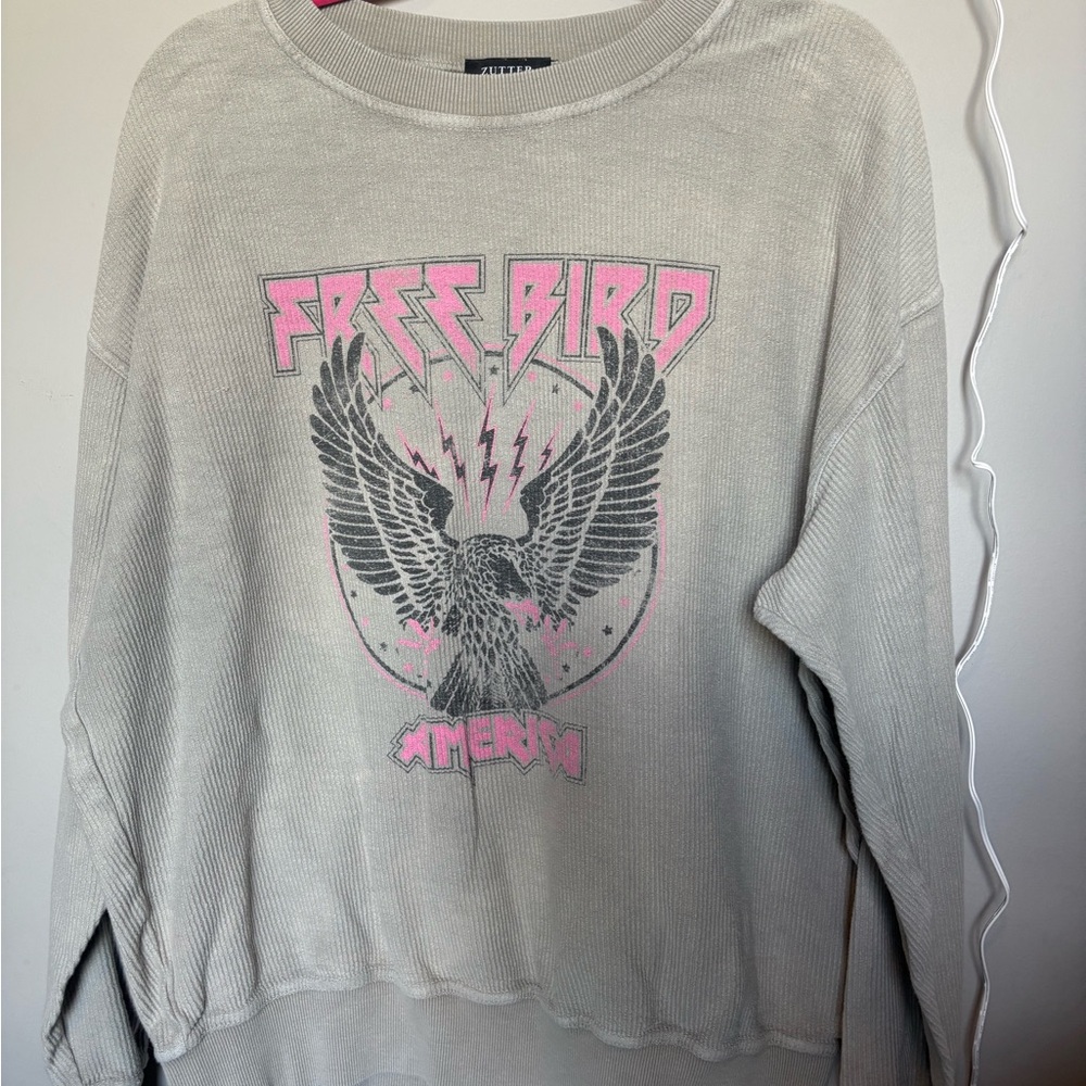 Free Bird Graphic Sweater - Light Gray